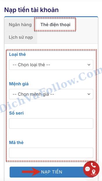 Nạp tiền bằng thẻ điện thoại