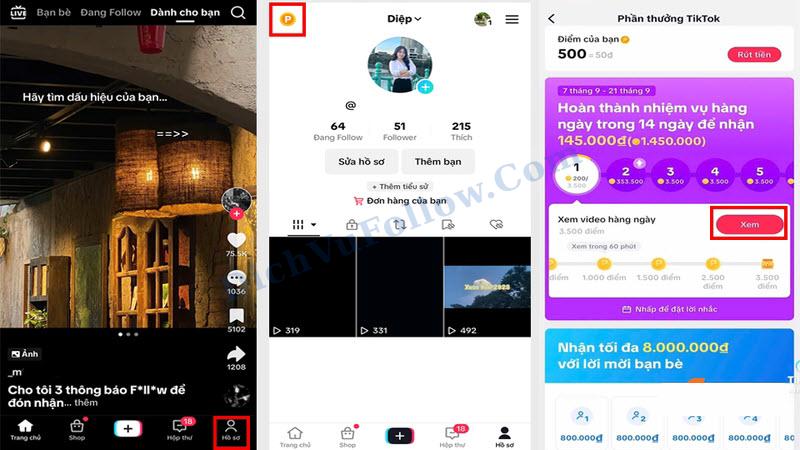Mục Phần thưởng TikTok hiển thị số xu bạn kiếm được khi xem video.