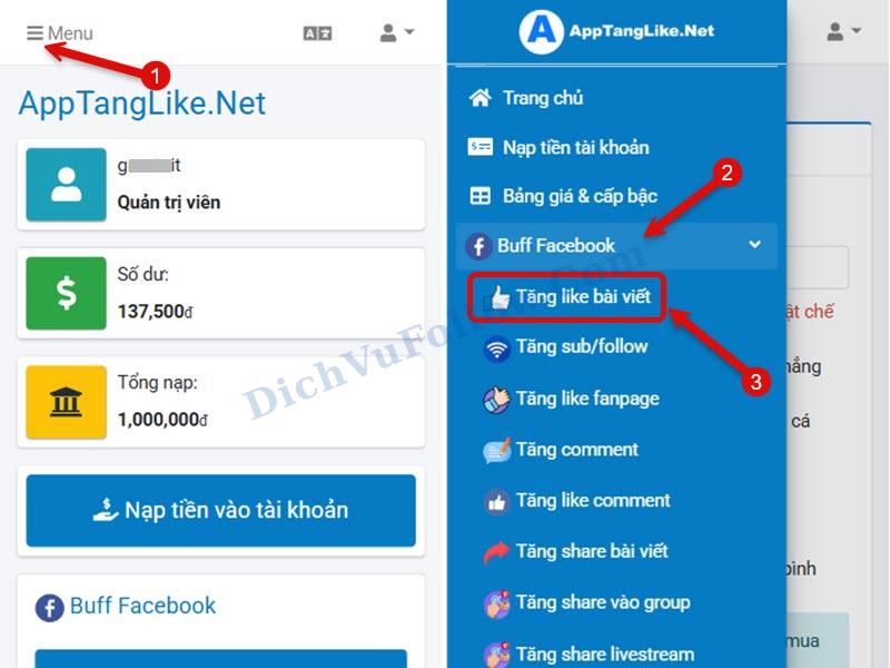Truy cập trang Tăng like bài viết