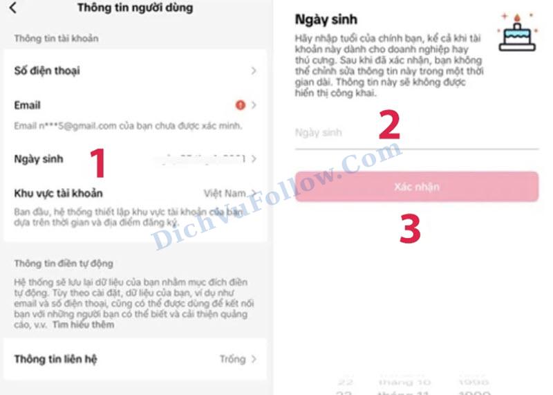 Cập nhật ngày sinh để xác minh đủ 18 tuổi