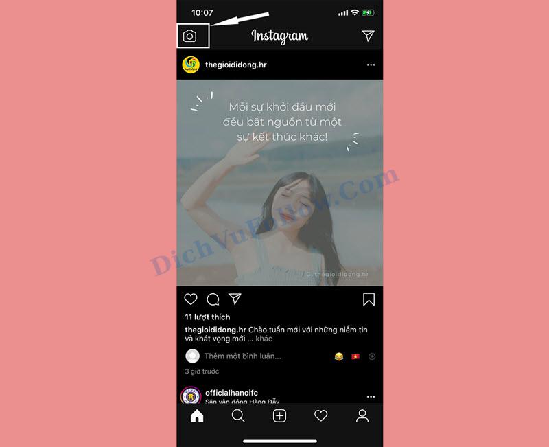 Mở camera Instagram để hẹn giờ chụp ảnh trên instagram