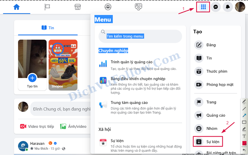 Truy cập mục Sự kiện