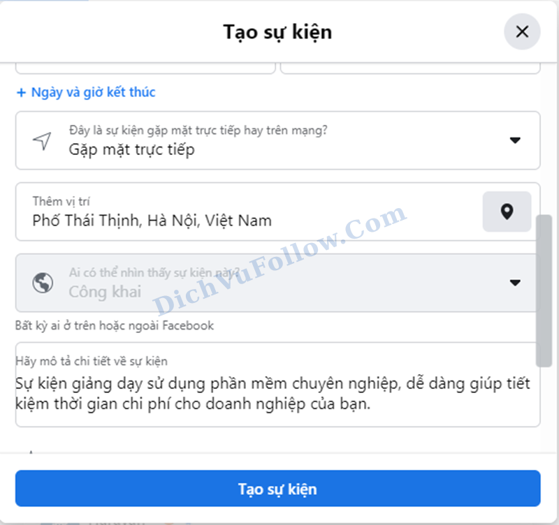 Nhấn tạo sự kiện để hoàn tất