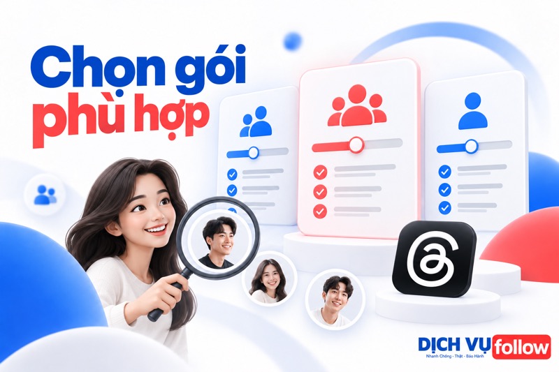 Minh họa so sánh các lựa chọn follow Threads bằng thẻ gói và danh sách kiểm tra.
