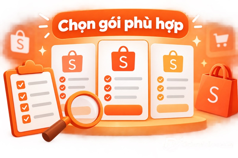 Minh họa so sánh các lựa chọn follow Shopee bằng thẻ gói và danh sách kiểm tra.