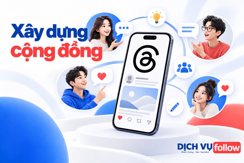 Minh họa người dùng trao đổi qua các bong bóng hội thoại quanh hồ sơ Threads.