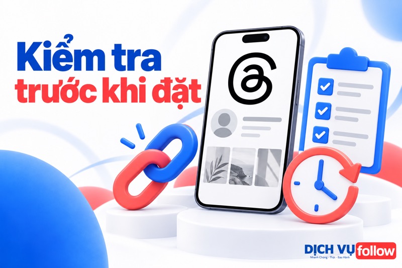 Minh họa điện thoại Threads, biểu tượng liên kết và danh sách kiểm tra đơn.