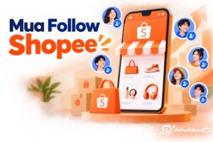 Minh họa shop Shopee trên điện thoại và người theo dõi.
