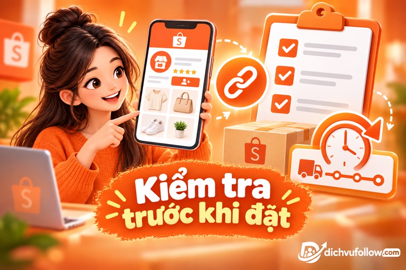 Minh họa link shop, danh sách kiểm tra và theo dõi đơn follow Shopee.