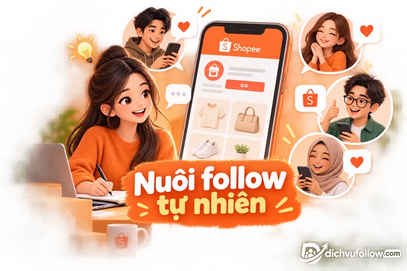 Minh họa người bán tạo nội dung và trò chuyện với khách hàng quanh shop Shopee.